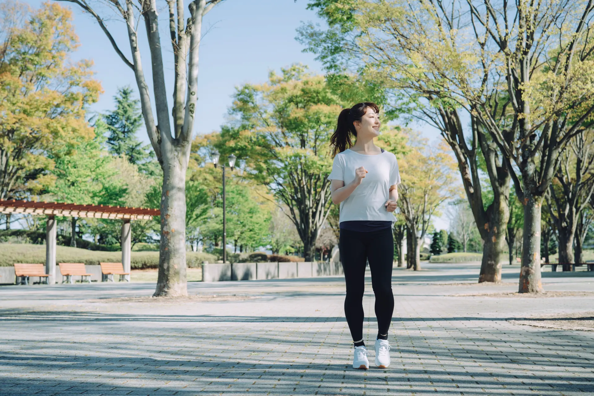 並木道をジョギングする女性