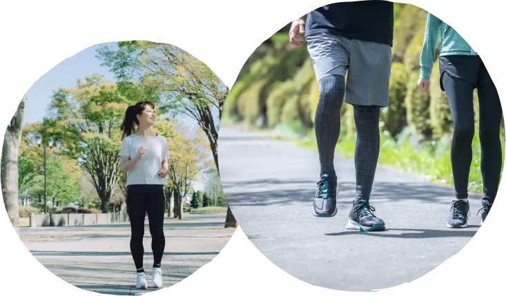 屋外でウォーキングやランニングをする人々（運動・健康づくり）