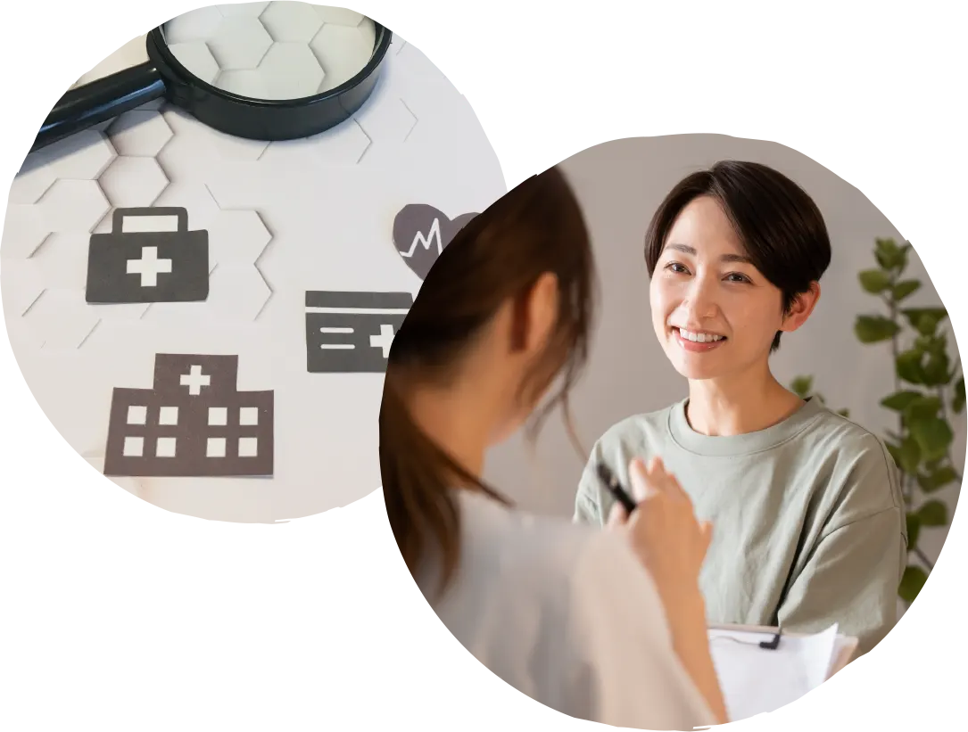 医療・救急のアイコンと笑顔で相談する女性のコラージュ画像