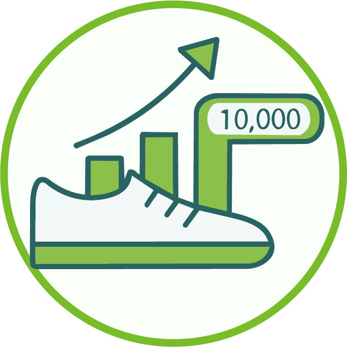 スニーカーと上昇グラフ・10,000歩を示すアイコン（ウォーキング・歩数）
